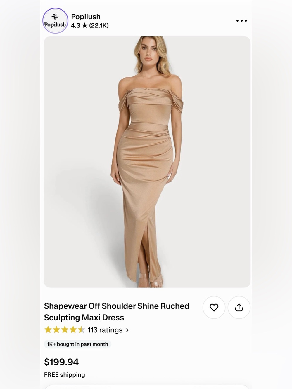 Popilush Off-Shoulder Ruched Maxi Dress in Champagne